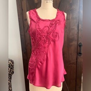 KENAR Satin Tank with Fun Scrolled Floral Design. Size M